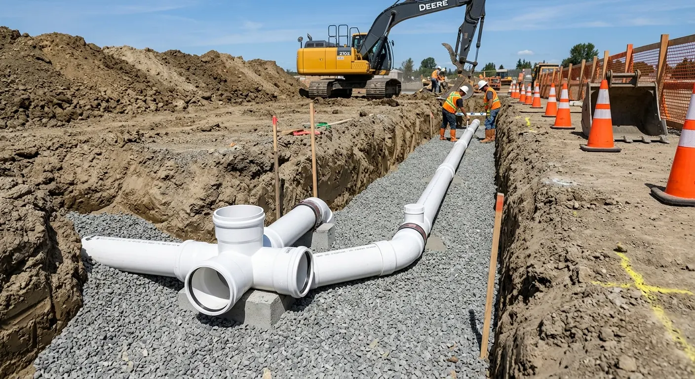 New PVC sewer pipe installation in open trench for Sewer Camera Inspection in Gateway
