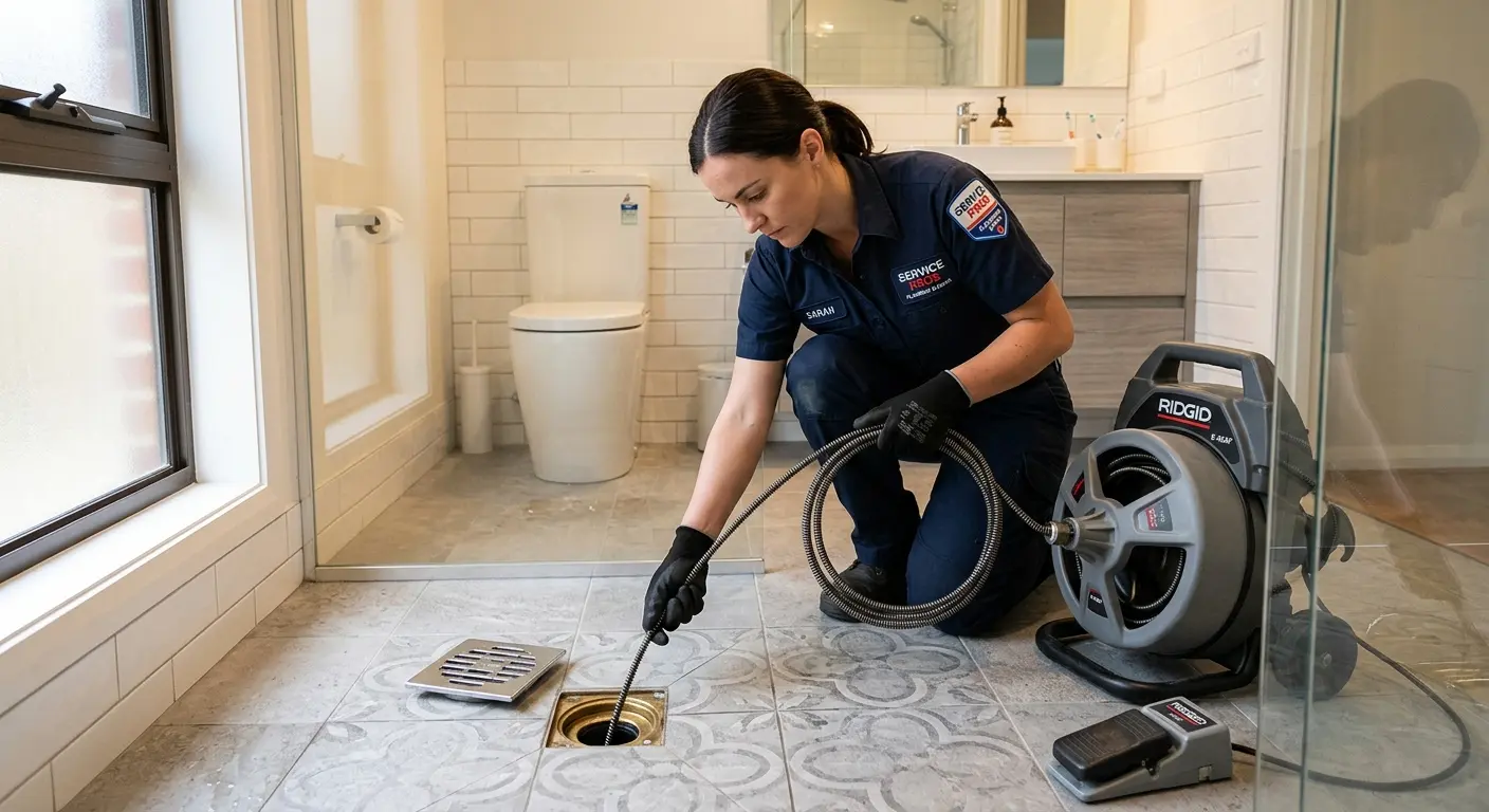 Technician clearing a bathroom floor drain for Drain Repair in Gateway